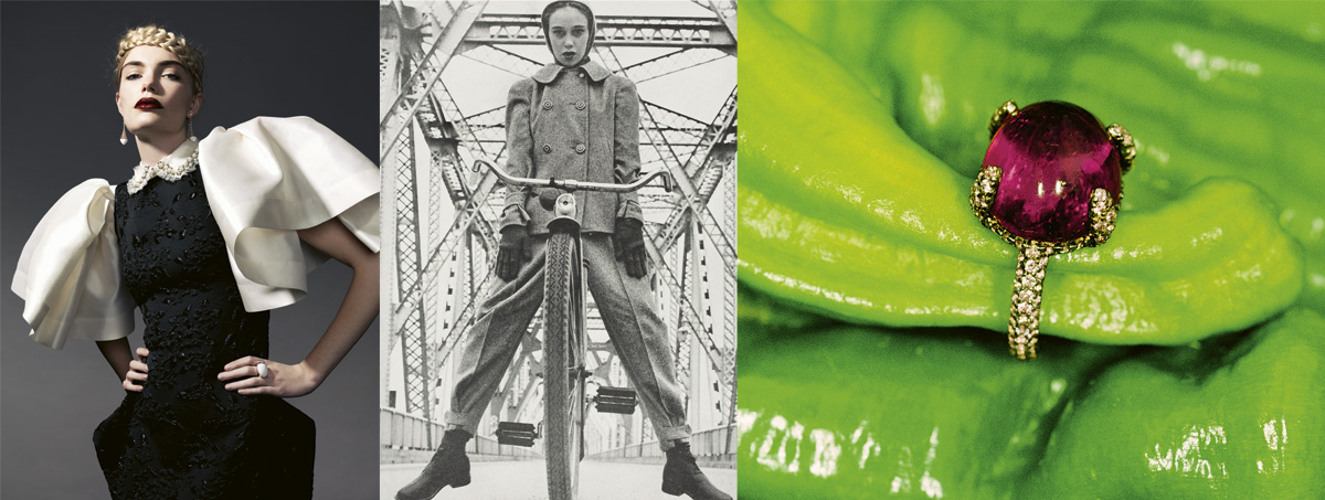 v.l.n.r.: Hugo Thomassen, Modeaufnahme, Kollektion Edwin Oudshoorn Couture House © Hugo Thomassen /// Herrmann Landshoff, Modell Beth Wilson an der Rip Van Winkle Bridge am Hudson (Junior Bazaar), 1946 © bpk / Münchner Stadtmuseum, Sammlung Fotografie / Archiv Landshoff /// Martin Parr, Shoot for Pomellato. Paris. FRANCE. 2005 © Martin Parr / Magnum Photos